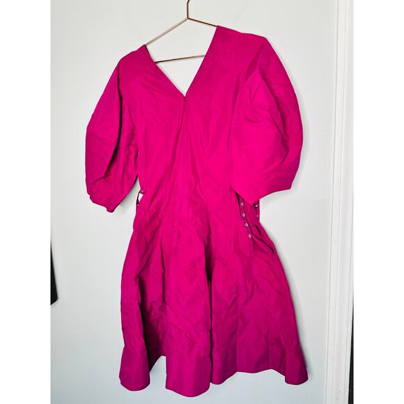 3.1 PHILLIP LIM Purple Cotton Blend A-Line Puff Sleeve Godet Dress Size 10 - Picture 10 of 12